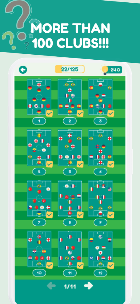 Guess the Football Team 2026 - Mobile app screenshot showing multiple levels of football lineups represented by player nationalities