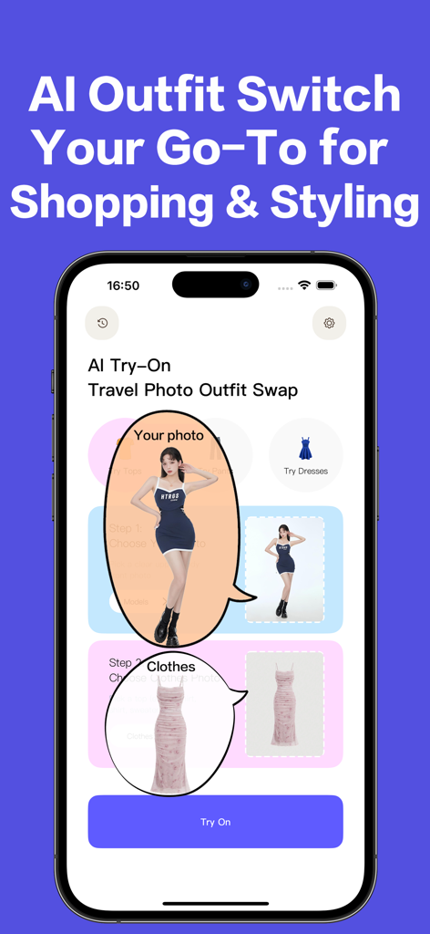 AI Try-Onアプリのインターフェース。ユーザーの写真と、バーチャルな衣装交換のために選択されたドレスが表示されています。