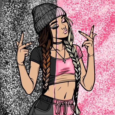 realistic teenage girl with braids and a beanie and crop top doing 🫶🏼