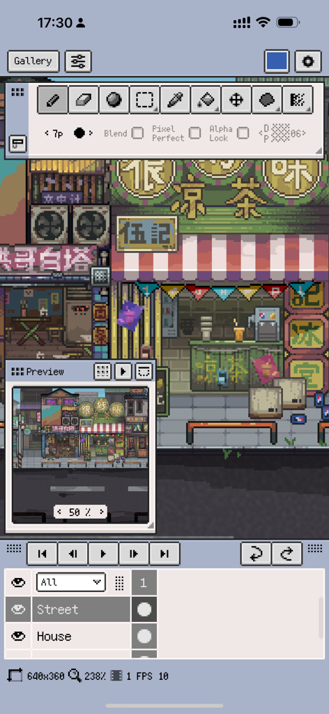 Resprite: pixel art studio - Resprite Mobile App-Oberfläche, die eine detaillierte Pixel-Art-Straßenszene mit professionellen Zeichenwerkzeugen und Layer-Management zeigt