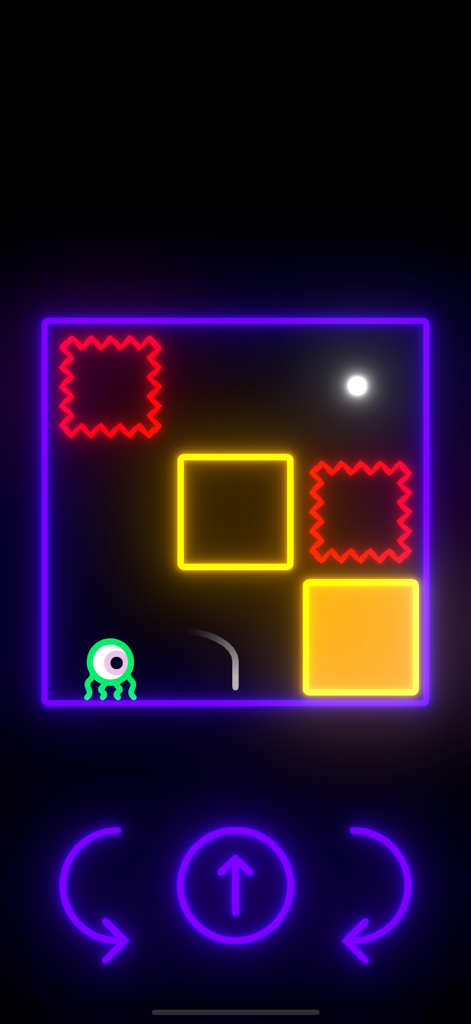 Orbie is Lost in Space - A neon puzzle level from the game Orbie is Lost in Space showing the green alien character and gravity controls.