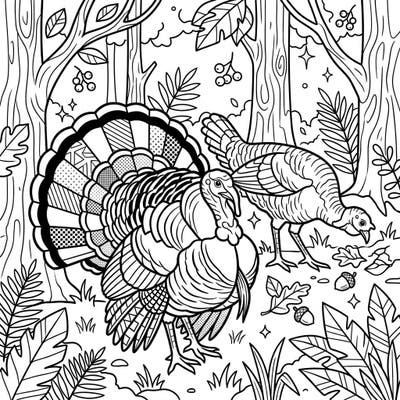 Discover the joy of coloring with our unique Wild Turkeys Pop Art design, blending the beauty of nature with dynamic artistic flair. This captivating page features two magnificent turkeys in a forest setting, ready for you to bring to life with your favorite colors.