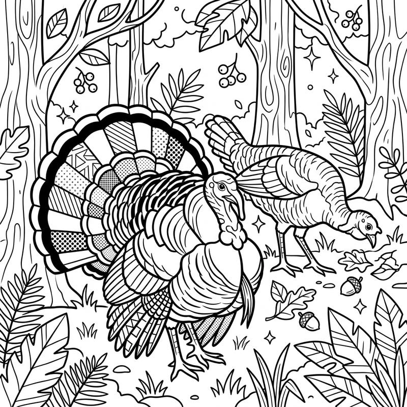 Discover the joy of coloring with our unique Wild Turkeys Pop Art design, blending the beauty of nature with dynamic artistic flair. This captivating page features two magnificent turkeys in a forest setting, ready for you to bring to life with your favorite colors.