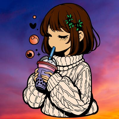 manga girl drinking boba in cozy sweater