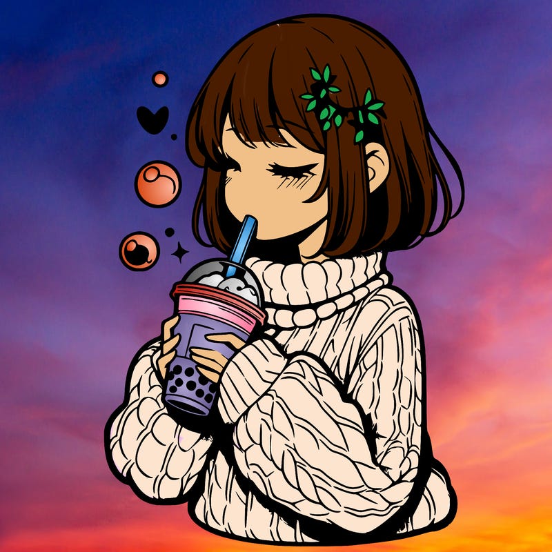 manga girl drinking boba in cozy sweater
