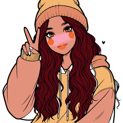 a teenage girl in a beanie, oversized sweatshirt, wavy long hair, and is showing a ✌️