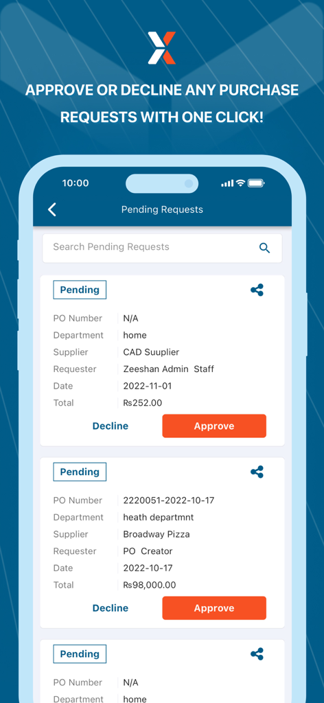 ProcurementExpress.com - Mobile interface showing pending purchase requests with approve and decline buttons