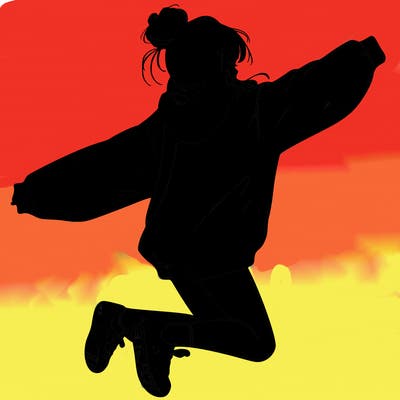 realistic girl jumping with a bun and oversized sweatshirt
