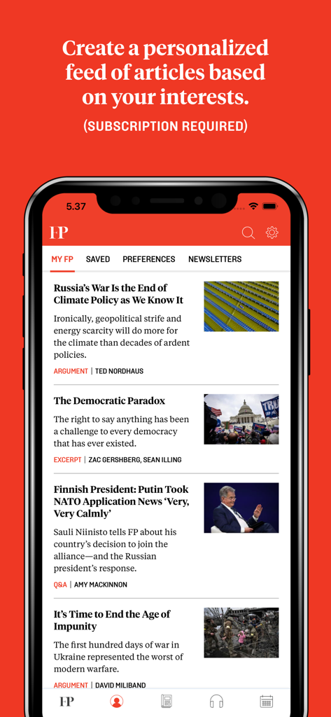 Foreign Policy News & Analysis - Smartphone screen displaying the Foreign Policy app's personalized news feed with international news headlines.