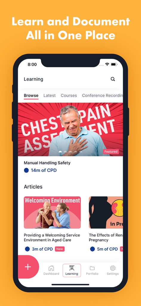 Ausmed - CE Portfolio App - Ausmed app interface showing various medical learning courses and articles for healthcare workers