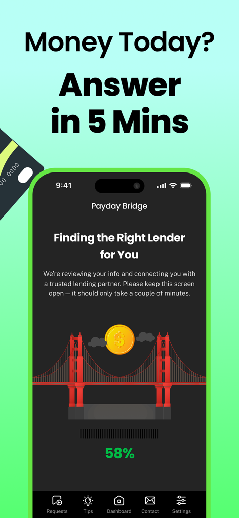 Pantalla móvil de la aplicación Payday Bridge que muestra el proceso de conexión instantánea con prestamistas con una barra de progreso
