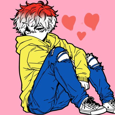 a male hoddie ripped jeans messy hair anime