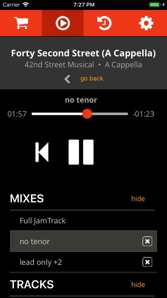 JamTracks - JamTracks app interface for music playback featuring custom audio mixes for musician practice