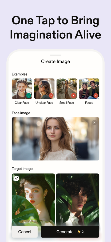 MyShell Al・AI Photo & Video - Pantalla de smartphone mostrando la interfaz de creación de imágenes de MyShell AI con selección de rostros y estilos de destino artísticos