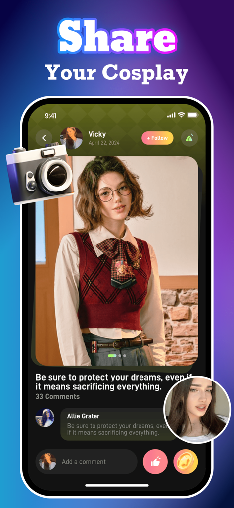 Chos：Adult，Social Chat - Captura de pantalla móvil de la aplicación Chos que muestra a un usuario compartiendo una foto de cosplay y participando en comentarios de la comunidad.