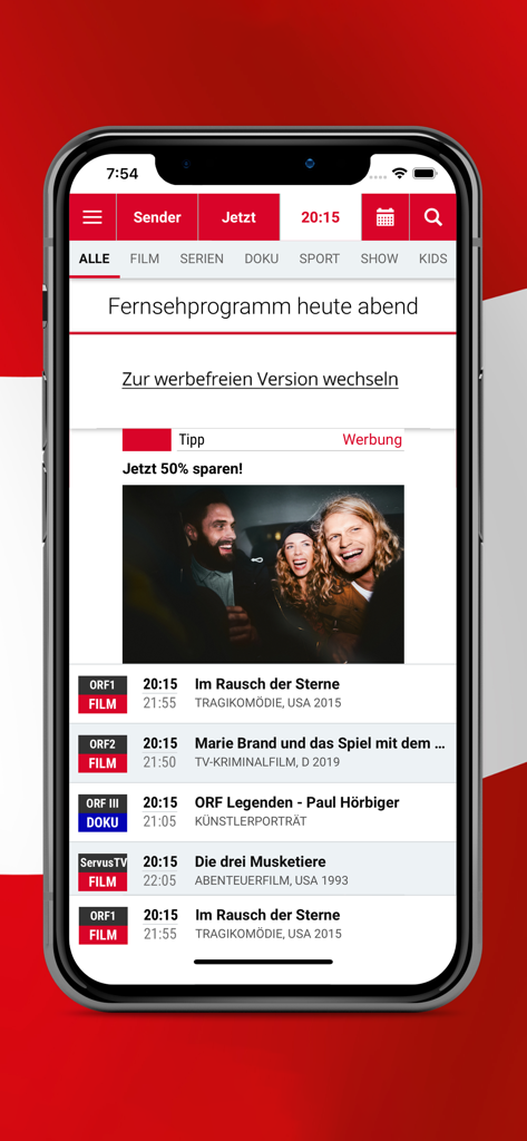 tvheute TV Programm Österreich - Smartphone screen showing the tvheute app with Austrian television listings for 20:15 including ORF and ServusTV channels.