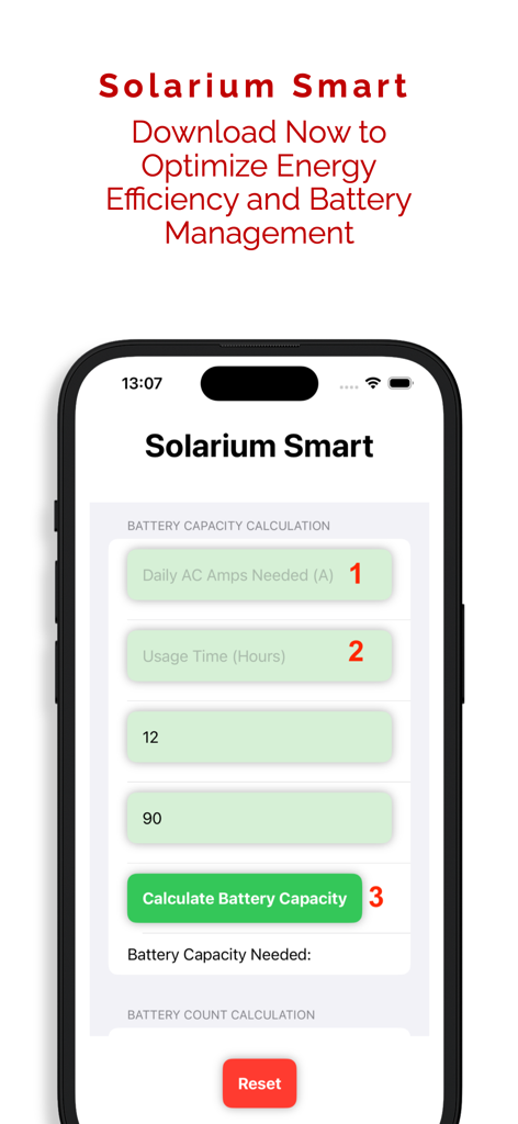 Interface do aplicativo Solarium Smart exibindo a ferramenta de cálculo de capacidade de bateria para sistemas solares