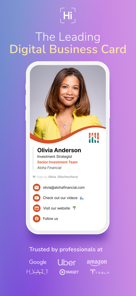 Une carte de visite numérique professionnelle sur l'application HiHello montrant les informations de contact et les logos des partenaires.