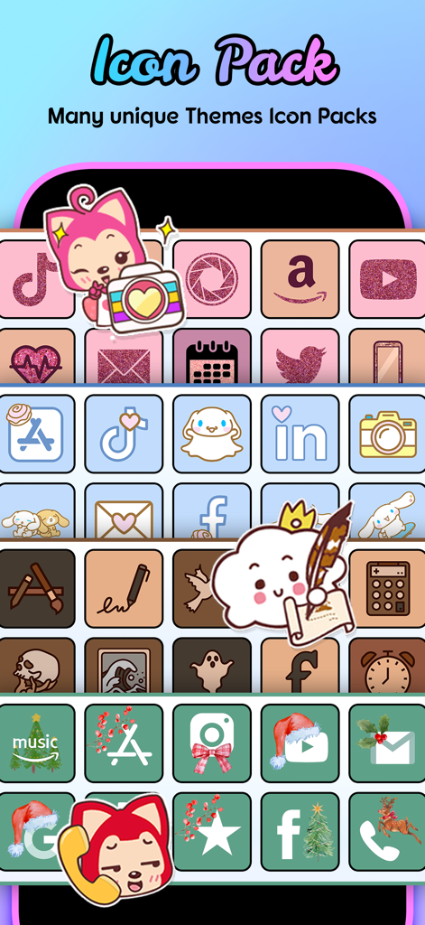 Iconic Themes & Wallpaper - A variety of themed aesthetic icon packs for iPhone customization including pink, blue, brown, and Christmas styles