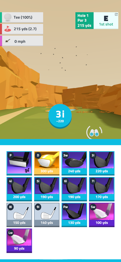 Golf Dreams - Uma tela dividida mostrando uma visão 3D do campo de golfe e uma grade de tacos de golfe disponíveis com suas distâncias médias no Golf Dreams.
