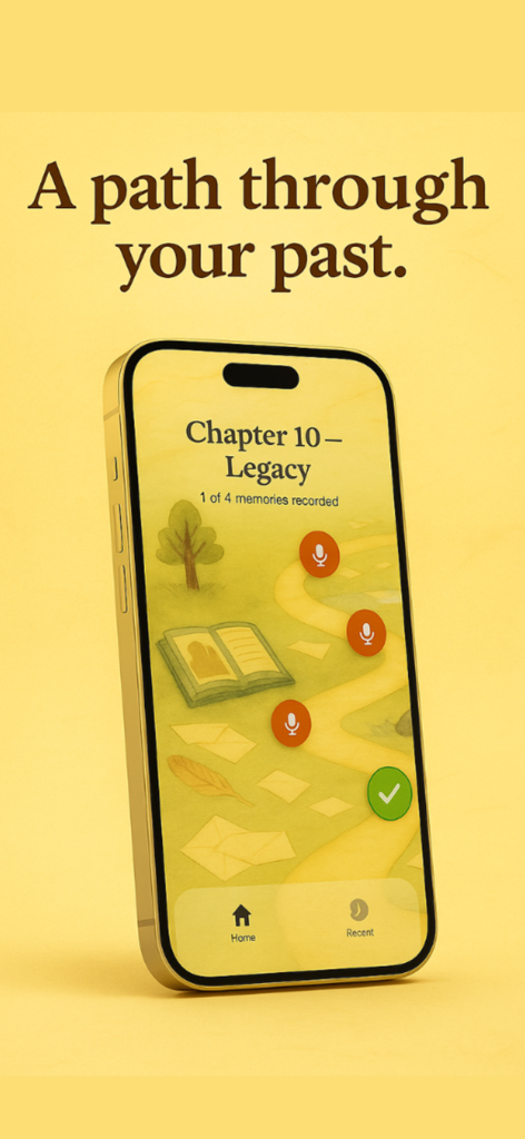 Memoir app interface displaying a watercolor path through life memories for Chapter 10 Legacy