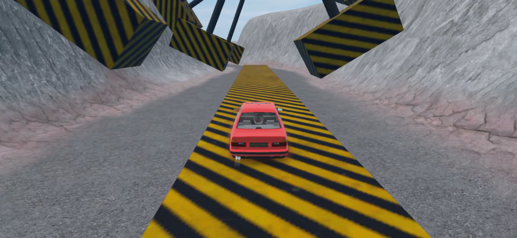 Car Crash — Battle Royale - A red car driving on a yellow and black hazard-striped ramp through a rocky canyon with swinging obstacles.