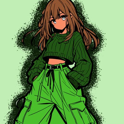 anime teen girl with baggy pants and crop top with sweater