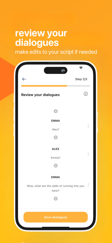 Interface of Rafy acting app for reviewing and editing scene dialogues
