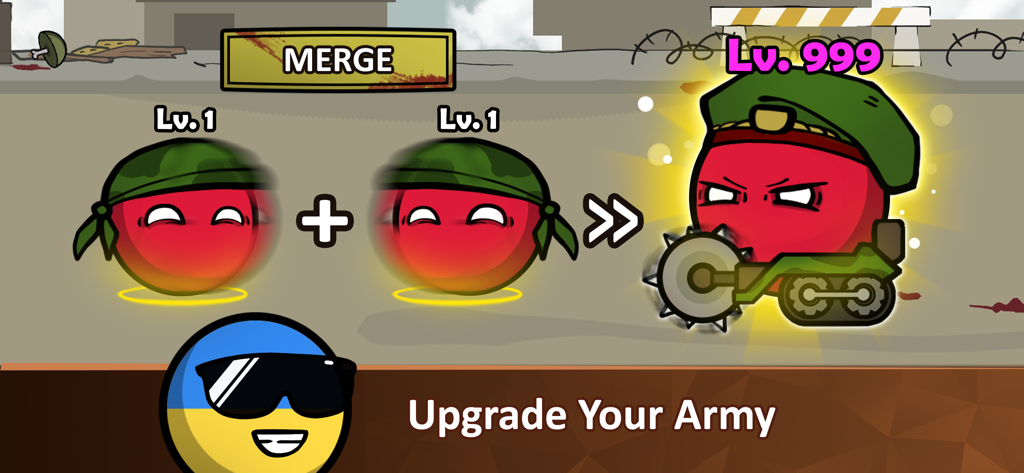 Countryballs - Zombie Attack - A screenshot of the merge mechanic in Countryballs Zombie Attack showing two level one characters combining to create a level 999 warrior