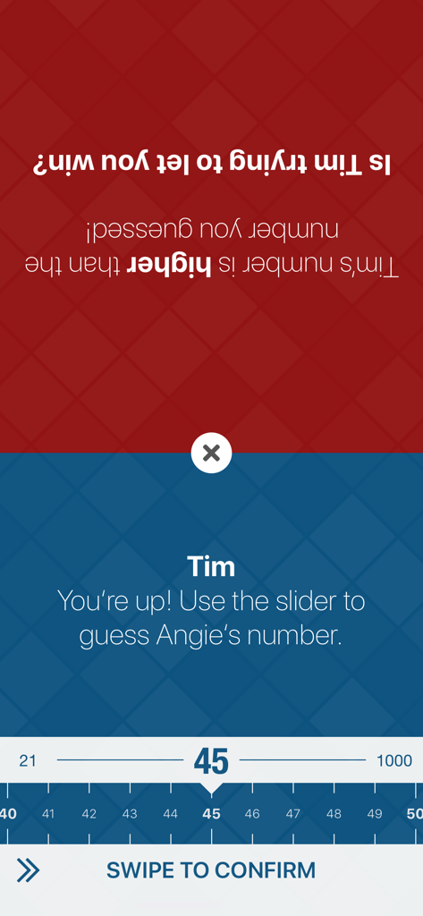The Number Guessing Challenge - 슬라이더를 사용하여 숫자를 맞히기 위해 경쟁하는 두 플레이어의 분할 화면 인터페이스.