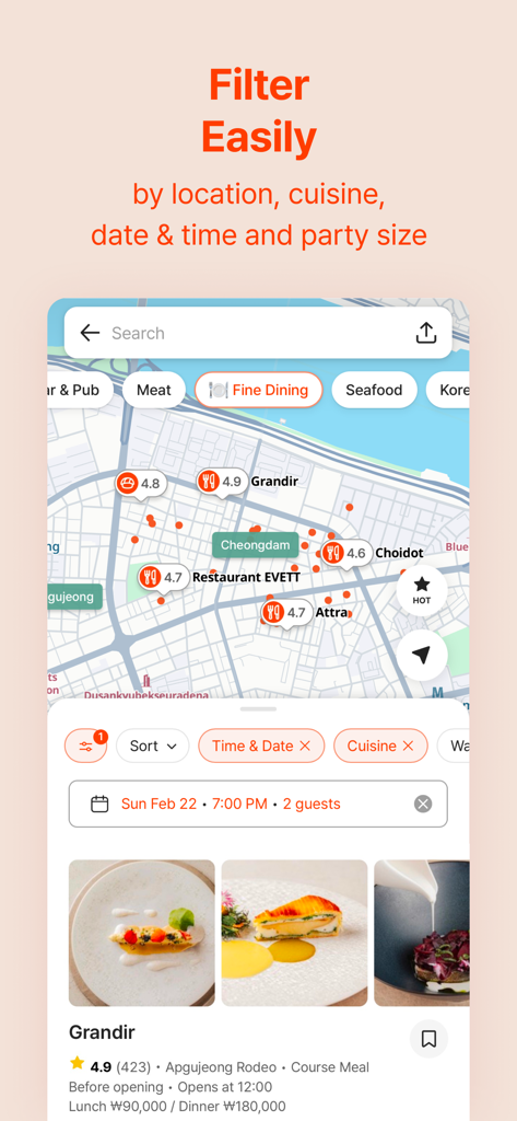 CATCH TABLE mobile app screen showing a map of Seoul with restaurant pins and search filters for fine dining and guest count.