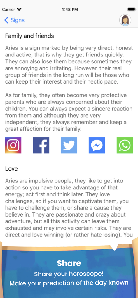 Daily Horoscope & Zodiac Signs - Aries zodiac sign description for family and love with social media sharing buttons