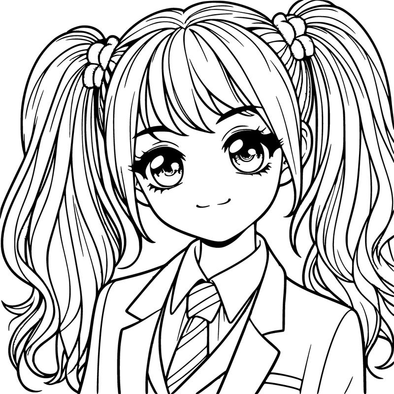 realistic girl with two ponytails and a suit on