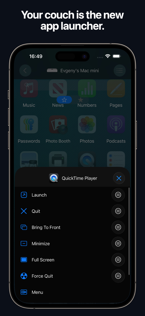 Remote, Mouse & Keyboard Pro - Lanzador de aplicaciones remoto en iPhone controlando QuickTime Player en un Mac.