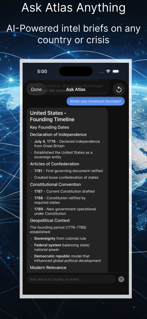 Atlas : Global Intelligence - AI powered geopolitical intelligence assistant in the Atlas app showing a detailed country brief