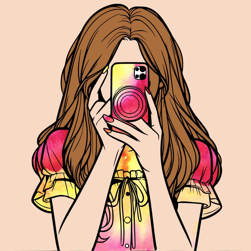 a realistic girl holding her phone taking pictures