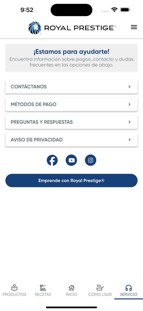 Royal Prestige app service section showing contact and payment information in Spanish