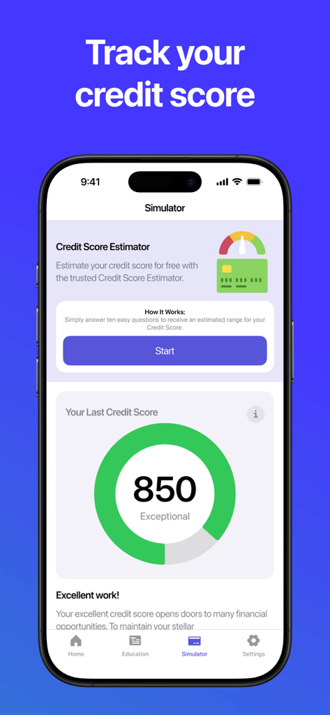 Smartphone screen displaying a credit score simulator with an 850 exceptional score
