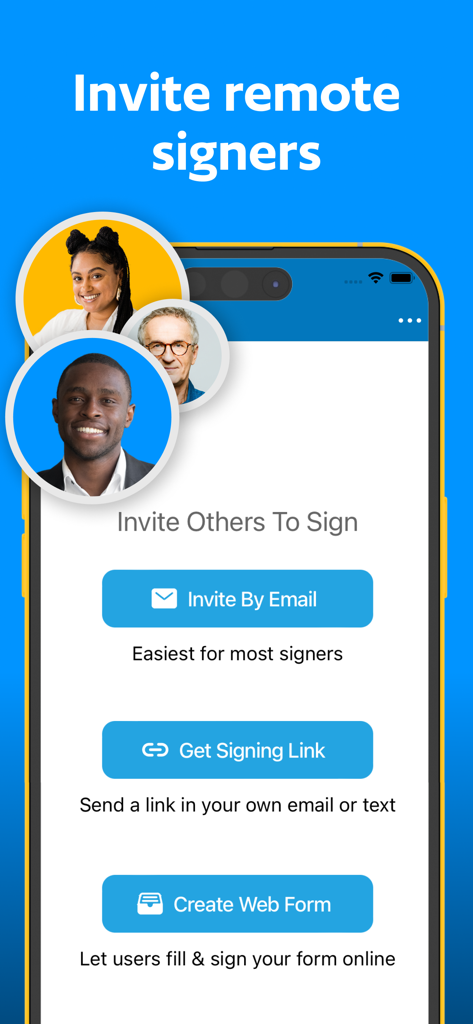 JetSign: Fill & Sign PDF Docs - Mobile screen showing options to invite remote signers via email, sharing a link, or creating a web form