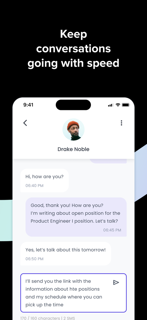Phenom Recruiter - Phenom Recruiter app messaging screen showing a conversation with a candidate about a product engineer position