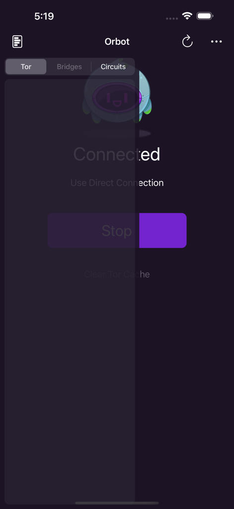 Orbot - Interface do aplicativo Orbot mostrando uma conexão bem-sucedida à rede Tor em um iPhone