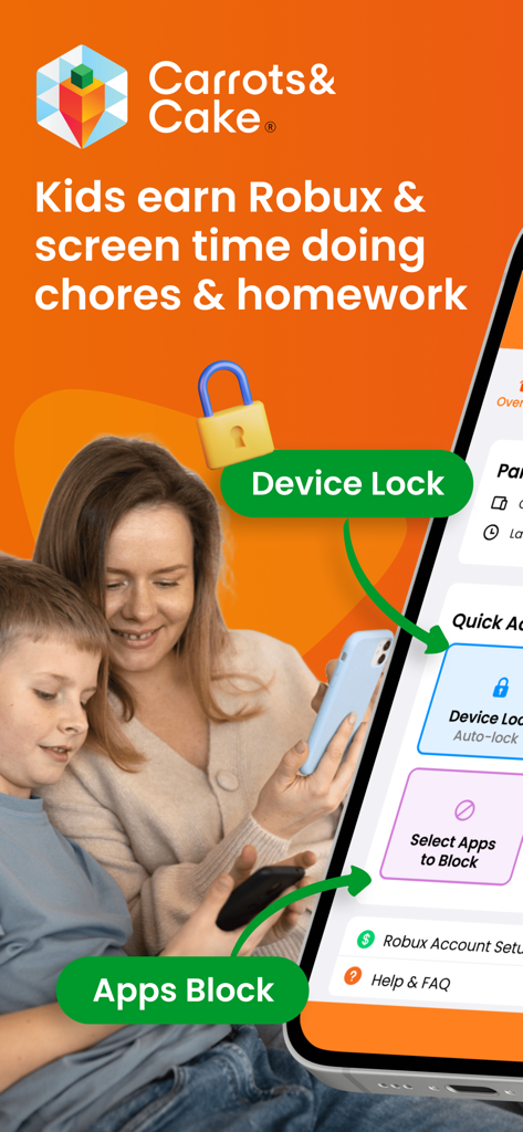 Uma mãe e um filho usando o aplicativo Carrots and Cake com bloqueio de dispositivo e de aplicativos