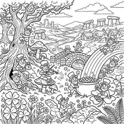 Step into a world of Irish enchantment with this full scene coloring page, bustling with playful leprechauns and their legendary treasures. Explore a detailed landscape featuring a vibrant rainbow, pots of gold, and iconic St. Patrick's Day motifs.