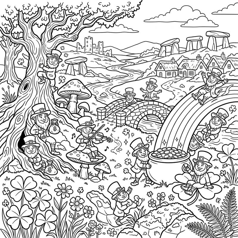 Step into a world of Irish enchantment with this full scene coloring page, bustling with playful leprechauns and their legendary treasures. Explore a detailed landscape featuring a vibrant rainbow, pots of gold, and iconic St. Patrick's Day motifs.