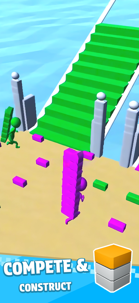 Bridge Race - Personajes verdes y morados recogiendo bloques y construyendo un puente en Bridge Race