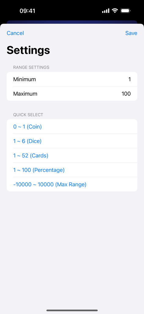 Rando for Random Numbers - Settings screen of Rando app with custom number range fields and quick select presets for dice and coins