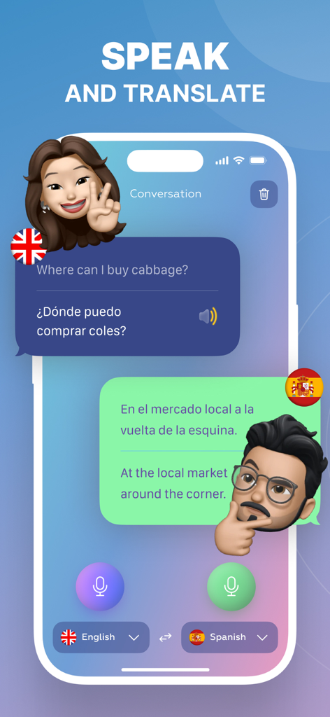 AI Voice Translator Language - A mobile app interface displaying a voice conversation being translated between English and Spanish.