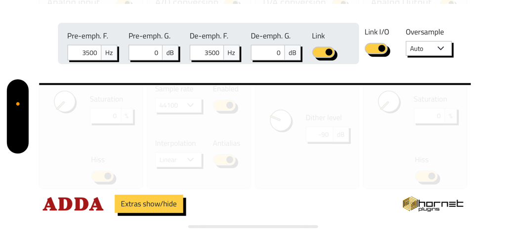 HoRNetADDA - HoRNetADDA plugin interface showing pre-emphasis and de-emphasis filter controls