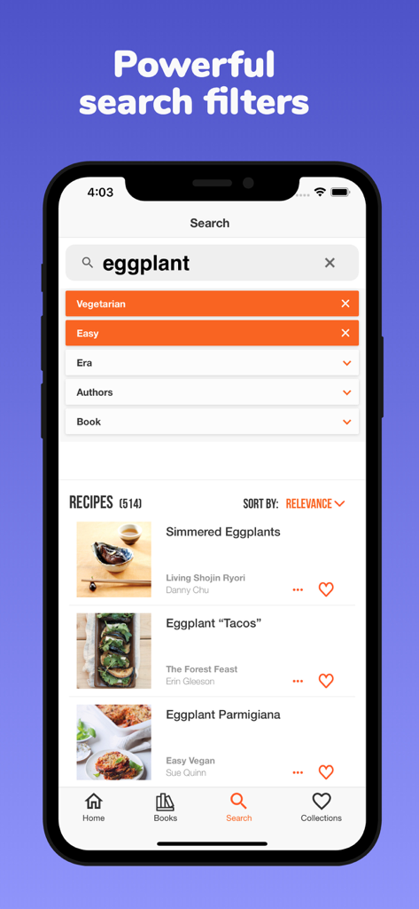 ckbk: discover great cookbooks - Mobile app screen showing recipe search results for eggplant with vegetarian and easy filters applied
