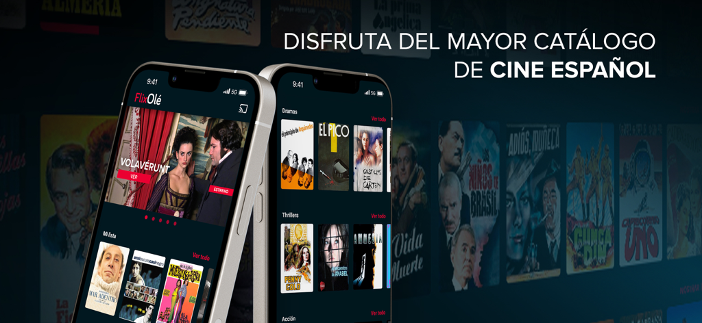 Two smartphones showing the FlixOlé app interface with a catalog of Spanish movies and series.
